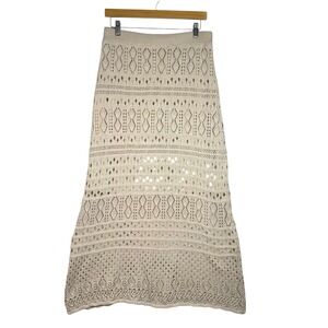 Solitaire Crochet Knit Maxi Skirt L Beige Boho Festival Beach Lined Eyelet Long